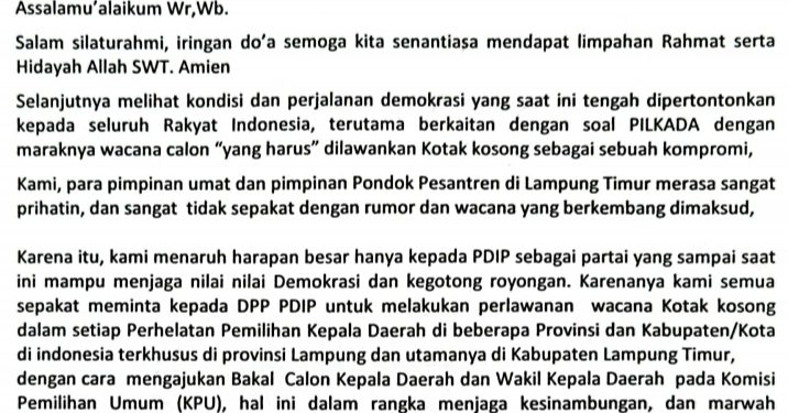 PDIP Ditekan untuk Menolak Wacana Kotak Kosong di Pilkada Lampung Timur: Pimpinan Pondok Pesantren Bersikap Tegas